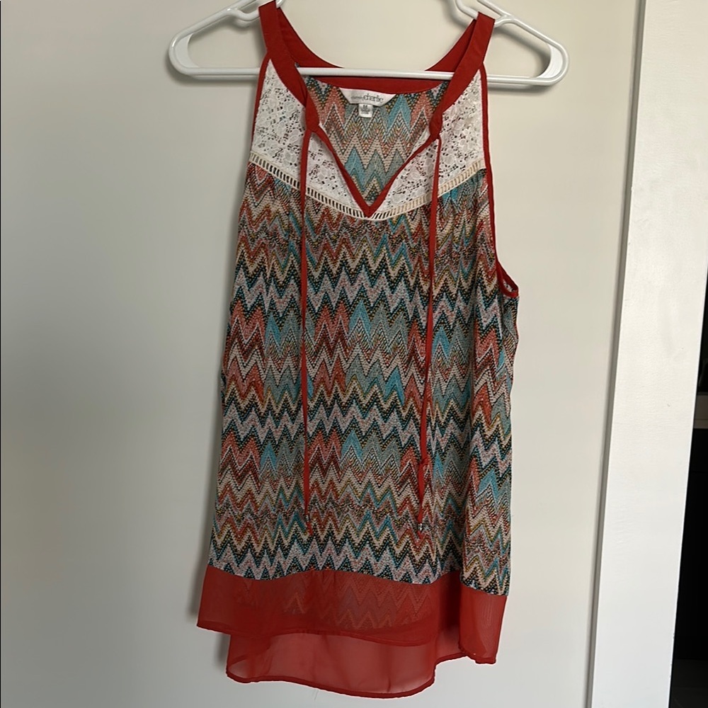 Charming Charlie Orange and Teal Asymmetrical Graphic Tank Top